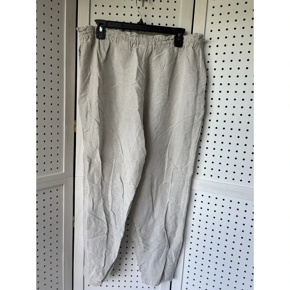 H&M Linen Blend Pull On Casual Pants LIGHT‎ BEIGE Beach Women's XL Tapered Ankle